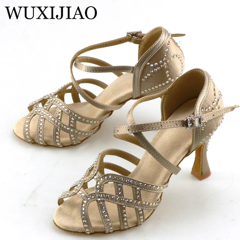 WUXIJIAO Dance Shoes Latin Woman Salsa Silk Satin Dancing Shoes Glitter Rhinestone Professional Dance Shoes Ballroom Soft Bottom