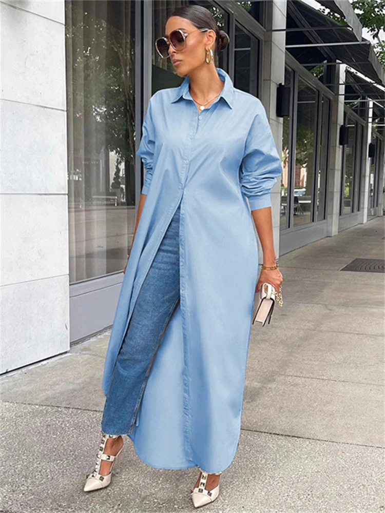 CHRONSTYLE Women Loose Casual Kaftan Long Maxi Shirts Dress 2022 Solid Long Sleeve Lapel Single-breasted Dresses Female Vestidos