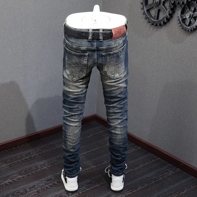 Fashion Designer Men Jeans High Quality Retro Washed Blue Elastic Slim Fit Ripped Jeans Men Vintage Casual Denim Pants Hombre