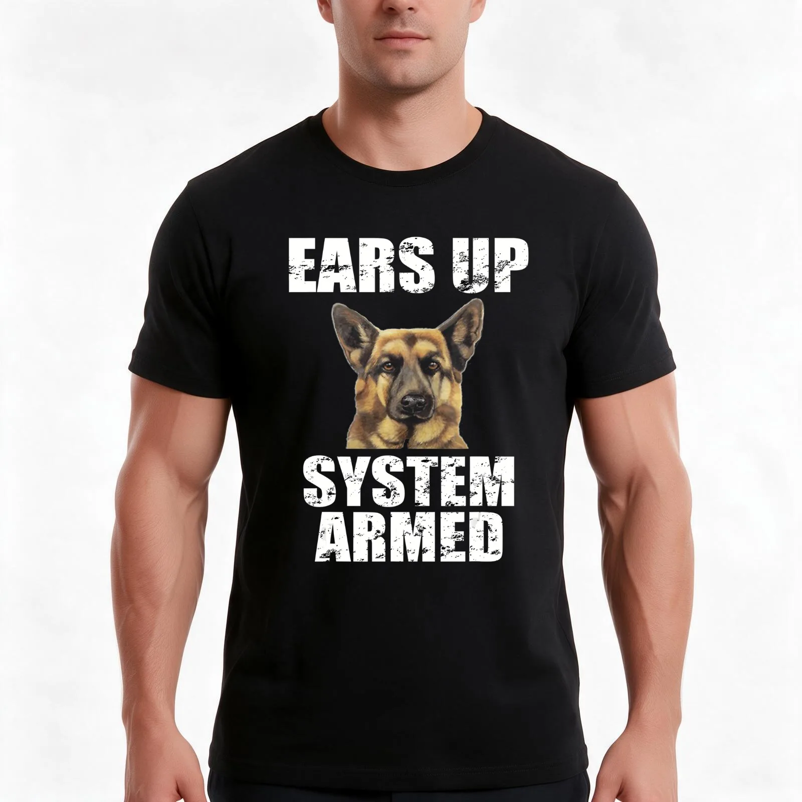 German Shepherd Ears Up System Armed Funny Gifts T-Shirt, Summer Casual Cotton Tee, Oversized Streetwear Tops, Unisex Men Women