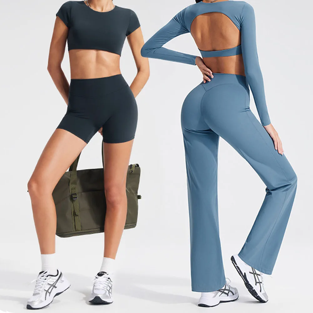 

‌Women's Long Sleeve Backless Yoga Top With Padded Cups & Straight Leg Yoga Pants, Naked Feel Workout Clohtes For Gym Yoga Wear