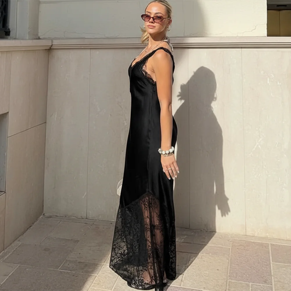 Talenza Elegant Lace Long Dresses Women's Fashion V-Neck Lace Patchwork Sleeveless Long Dress Luxury Slim Female Evening Dresses