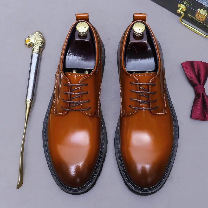 Danielwolf 25870 Hairstylist's Shiny Shoes, Retro British Trend Genuine Leather Derby Shoes Handmade Versatile For Lazy Men