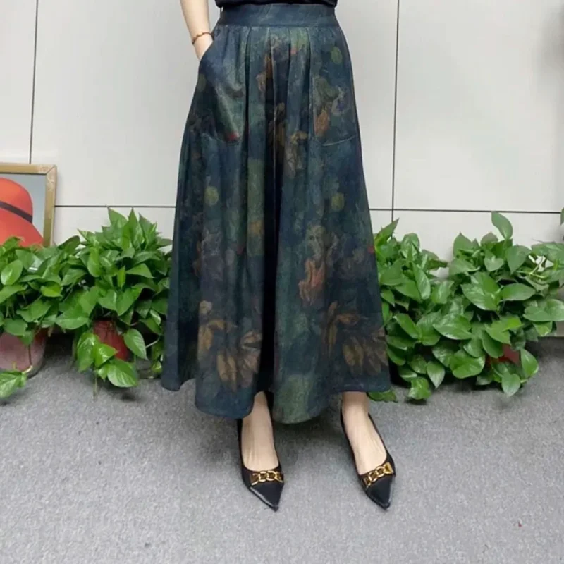 Modna spódnica dla mamy na wiosnę i jesień, nowa retro spódnica o średniej długości z nadrukiem, spódnica z wysokim stanem, spódnica w kształcie litery A.