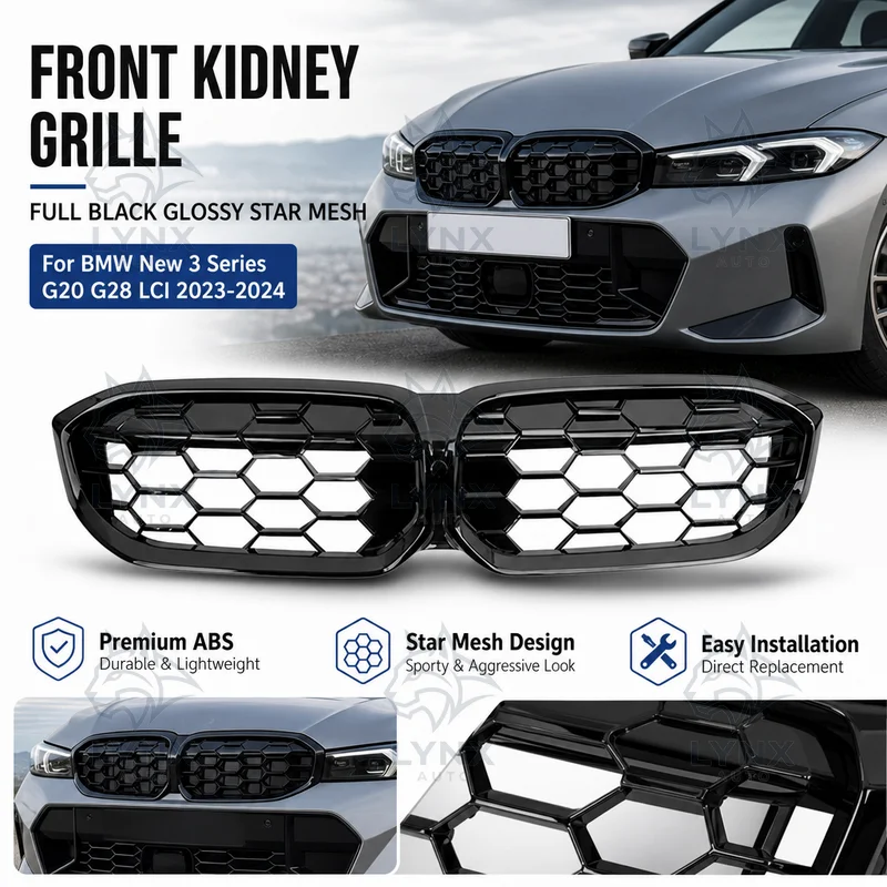 For BMW New 3 Series G20 G28 LCI 2023 2024 Front Kidney Grille Full Black Glossy Star Mesh Upgrade ABS Material