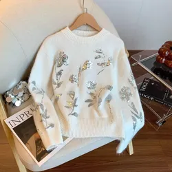 Womens Sequin Flowers Sweater Knitted Pullover Autumn Winter