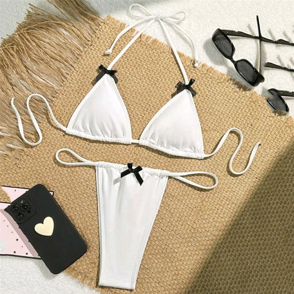 Sexy Bow White String Halter Triangle Micro Bikini Thong Swimsuit Women Mini Swimwear Strój kąpielowy Bikini Set 2024 Mujer Bather