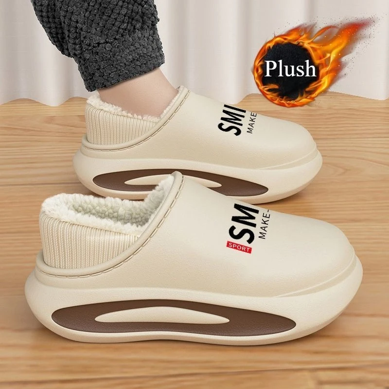 

Зимняя обувь, мужская теплая обувь, домашние хлопковые тапочки с плюшевой подкладкой, лаконичная уличная кухонная обувь на платформе, домашние непромокаемые тапочки