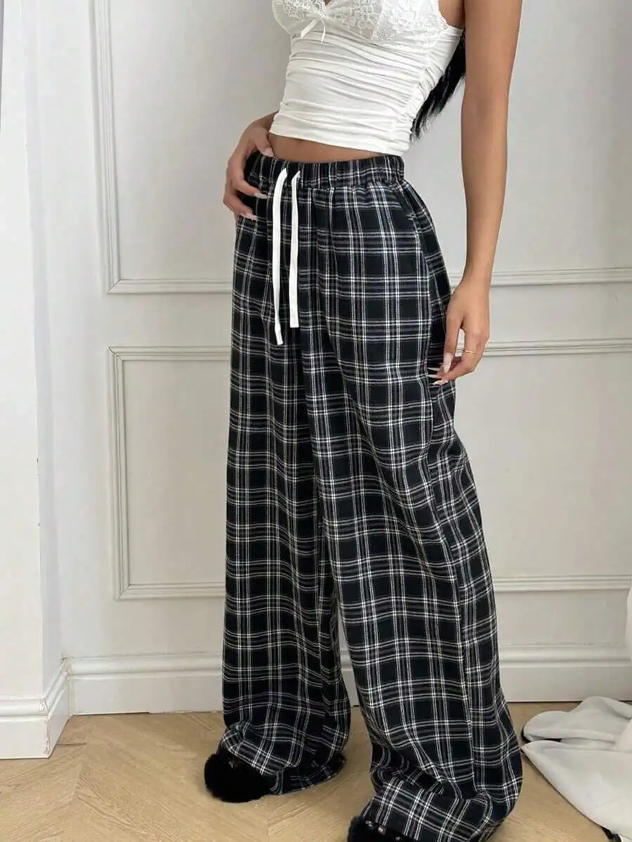 Womens Plaid High Waist Drawstring Wide Leg Pants Loose Fit Casual Trousers