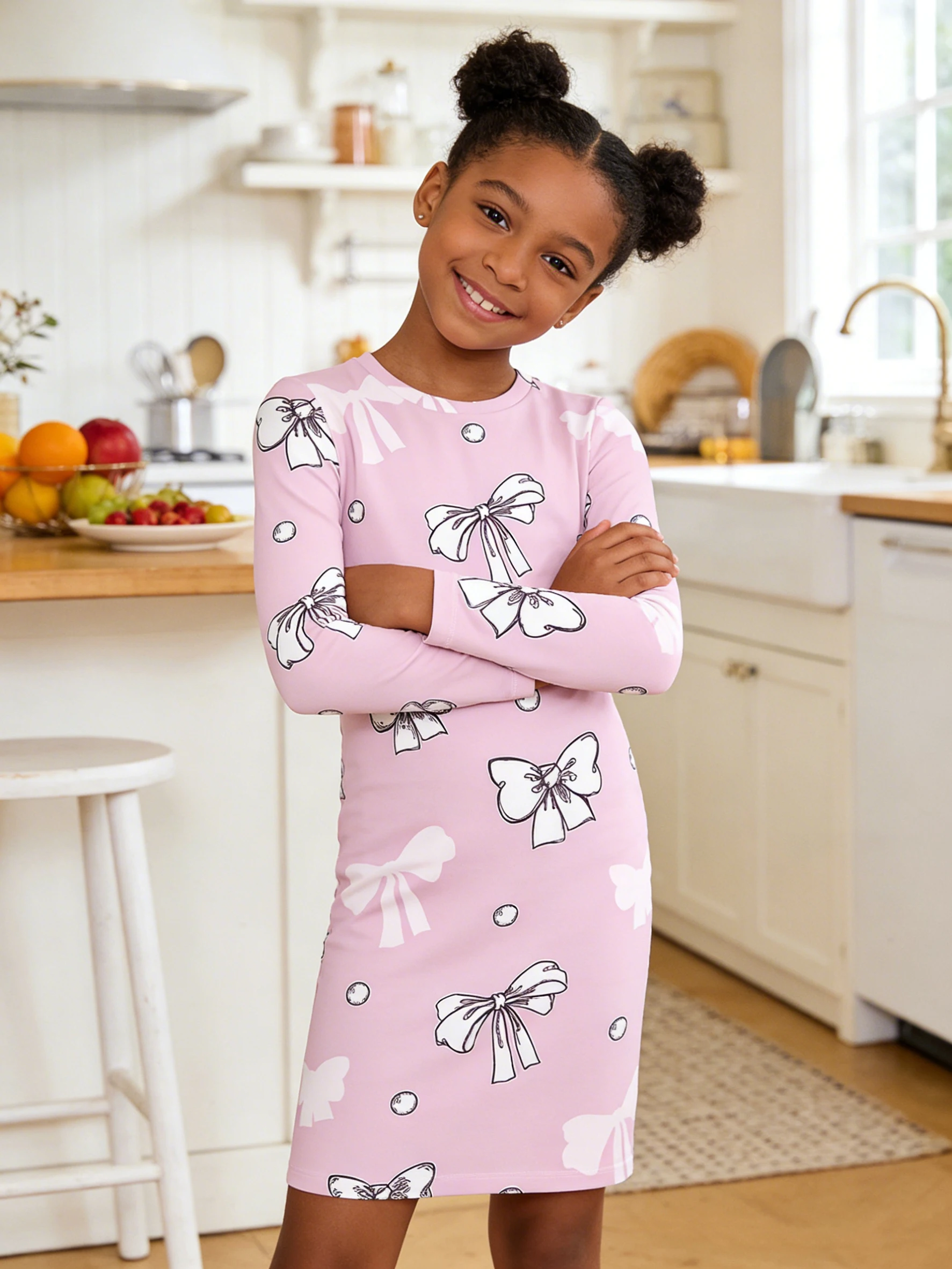 

2026 Girls Light Pink White Bow Pearl Print Long Sleeve Slim Fit Dress