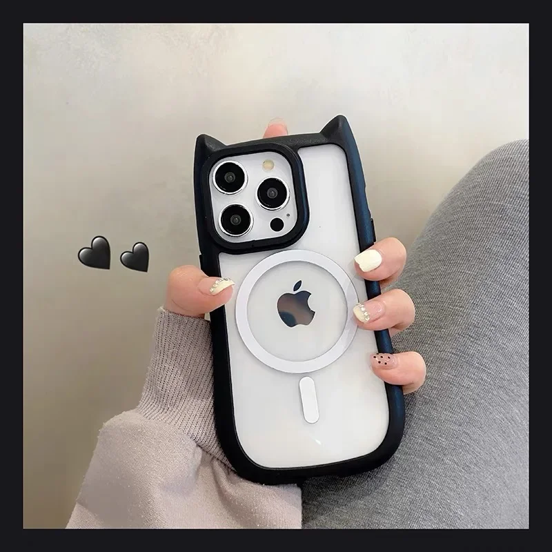 Korea Soft Silicone Cute Cat Ear Magsafe Phone Case For iPhone 15 14 13 11 12 Pro Max Transparent Shockproof Hard Acrylic Bumper