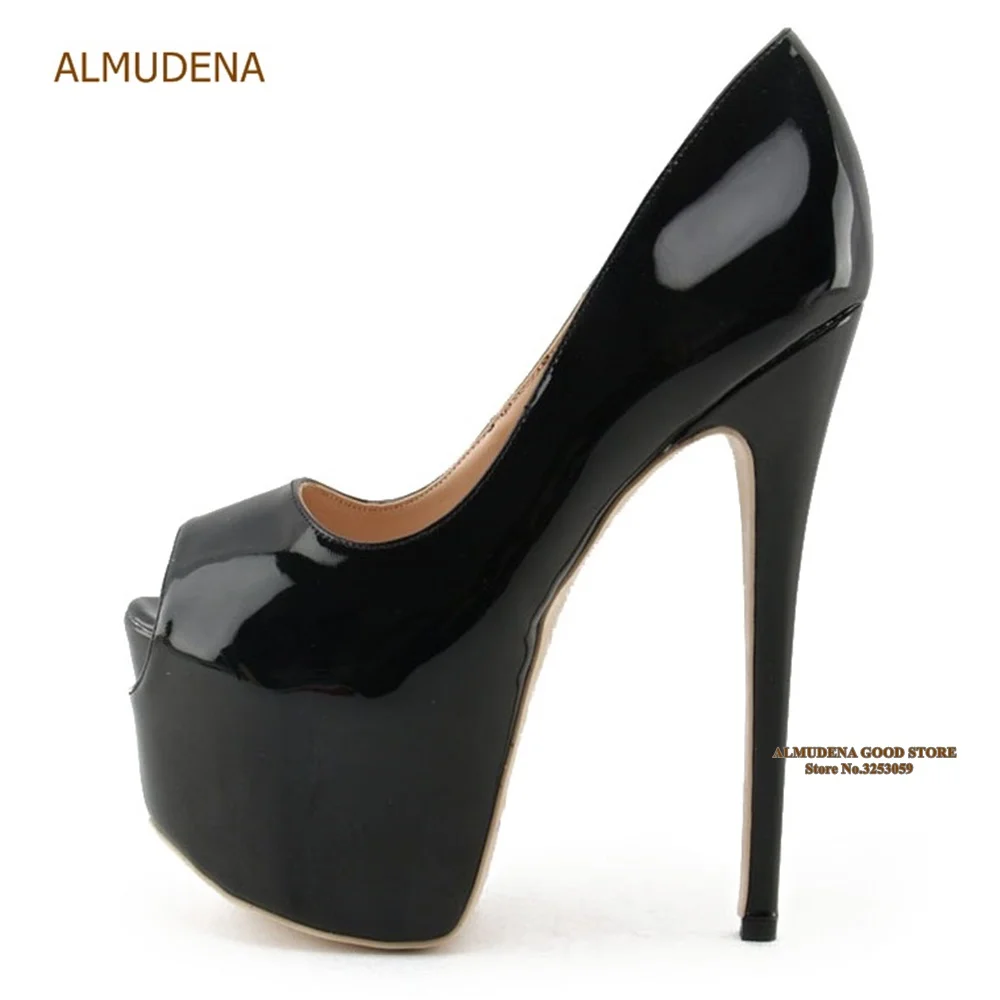 

ALMUDENA Fantastic Nude Black Patent Leather Ultra High Heel Shoes 16cm Heel Wedding Shoes Platform Stiletto Heels Open Toe Shoe