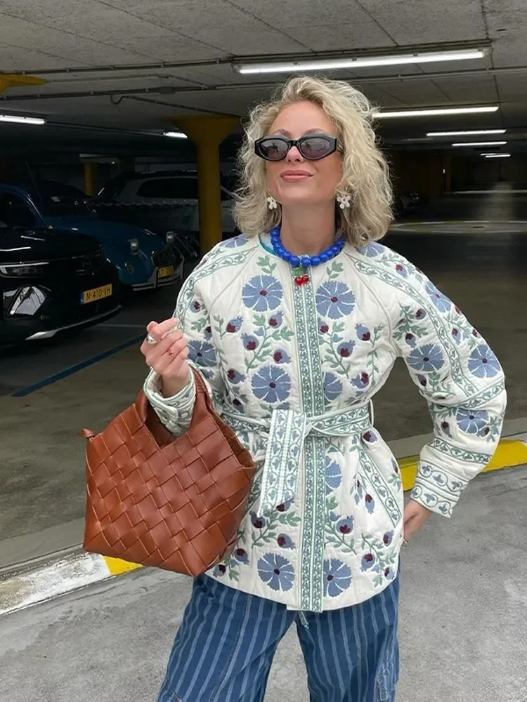 Jaqueta de algodão com renda feminina, bordado floral, gola O, casacos de peito único, manga longa, streetwear senhora, novo, moda, 2024