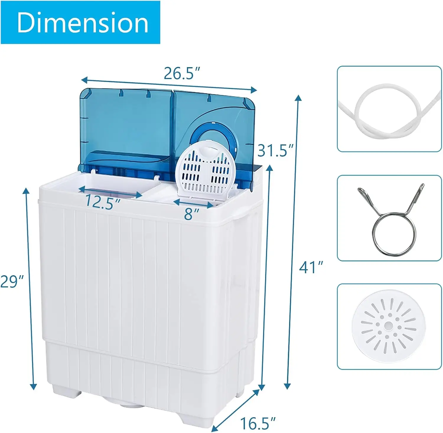 Portable Washing Machine Twin Tub 26 Lbs Capacity, 18 Lbs 8 Lbs Spinner, Compact Control Knobs Timer Function, Drain Pump