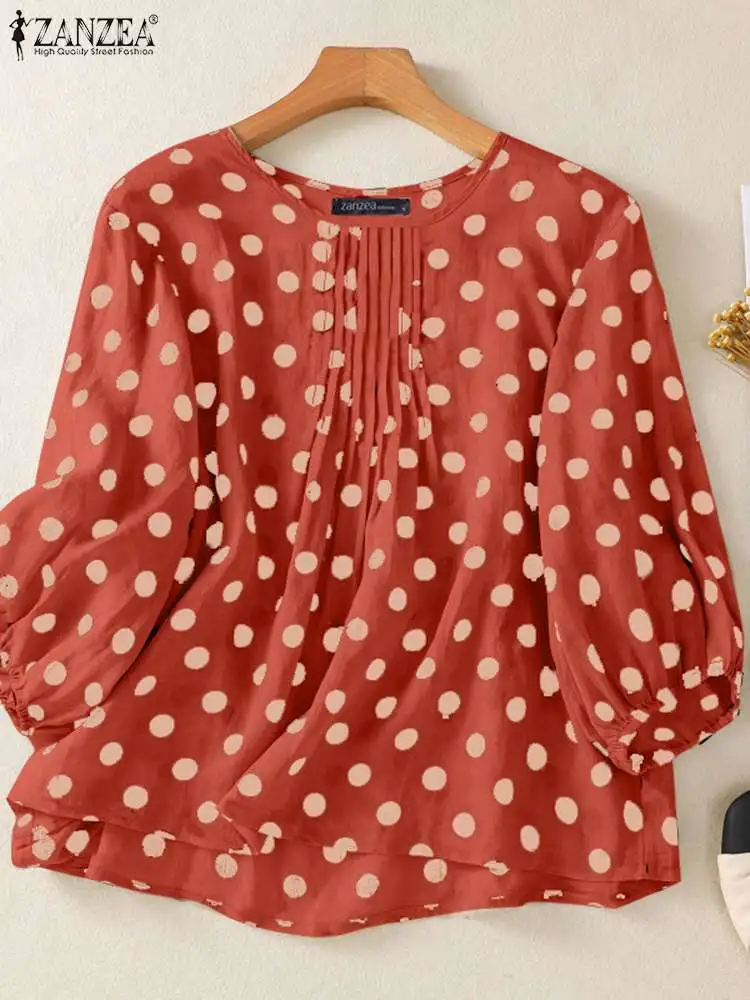 ZANZEA Autumn Shirt Women Bohemain Polka Dot Blouse Oversize Loose Holiday Tops Mujer Elegant O Neck 3/4 Lantern Sleeve Blusas