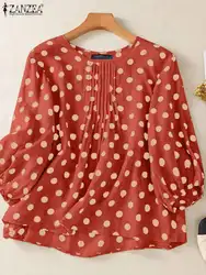 ZANZEA Autumn Shirt Women Bohemain Polka Dot Blouse Oversize Loose Holiday Tops Mujer Elegant O Neck 3/4 Lantern Sleeve Blusas