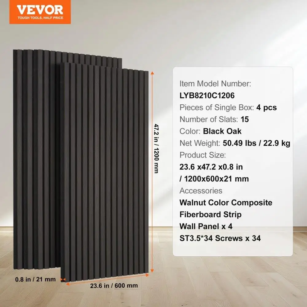 木製スラット音響パネル、モダンな壁の装飾、ブラックオーク、23.6x47.2インチ