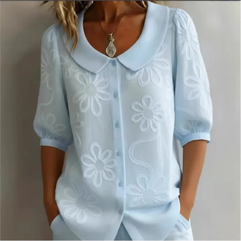 

Retro Casual Women Shirt 2026 Doll Collar Embroidered Jacquard Floral Long Sleeve blouse Single Breasted Loose Lady Blouse Tops
