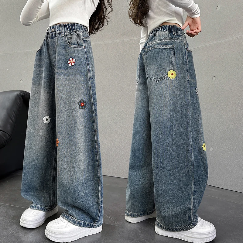 أزياء الخريف الفتيات كبيرة واسعة الساق منحني الجينز مع التطريز الأزهار الطفل شارع العليا زهرة الدنيم السراويل الاطفال بناطيل كاجوال #1