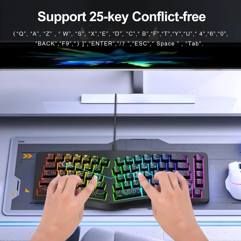 Ergonomic Keyboard 69 Key USB Wired Keyboard with RGB Backlight for Windows Computer Desktop Laptop