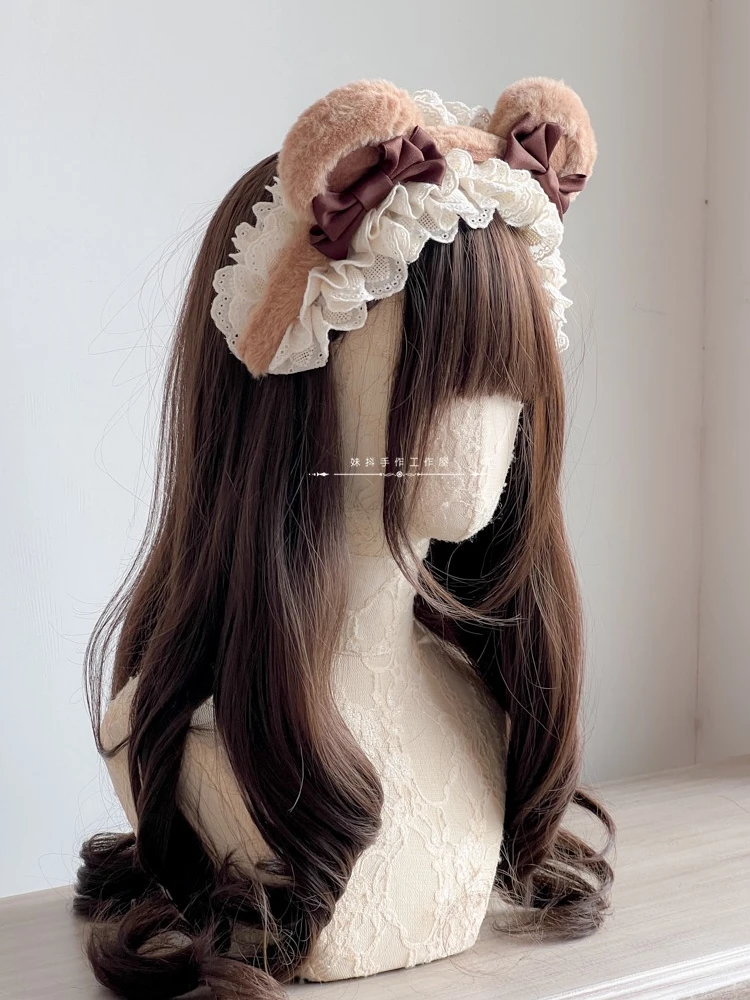 Original Handmade Lolita Bear Ear Lace Headband Cute Bow Kc