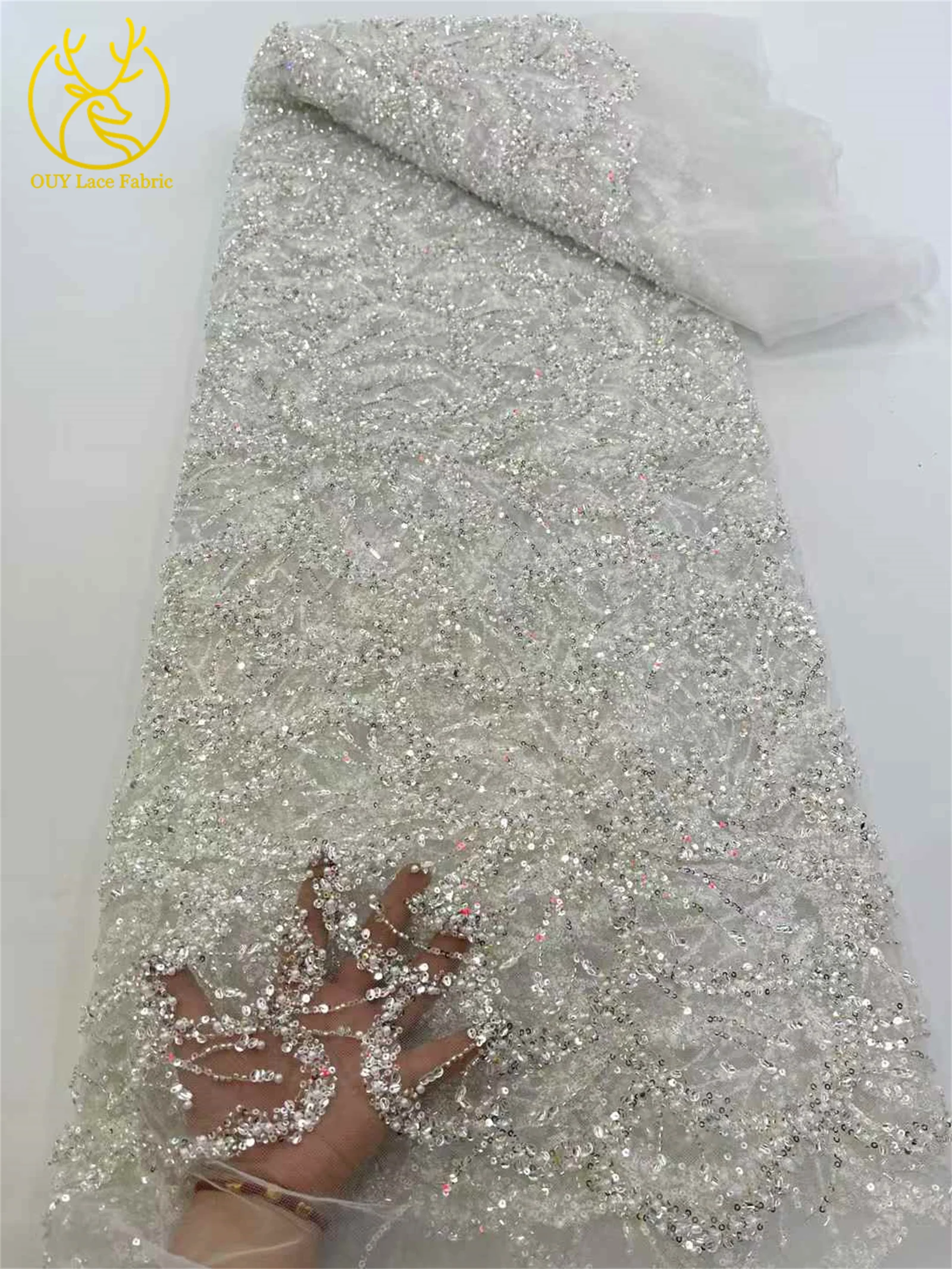 Tela de malla francesa con cuentas de encaje 2025, encaje de lentejuelas de malla nigeriana de alta calidad, vestidos elegantes de fiesta de boda para mujer cosidos, 5 yardas