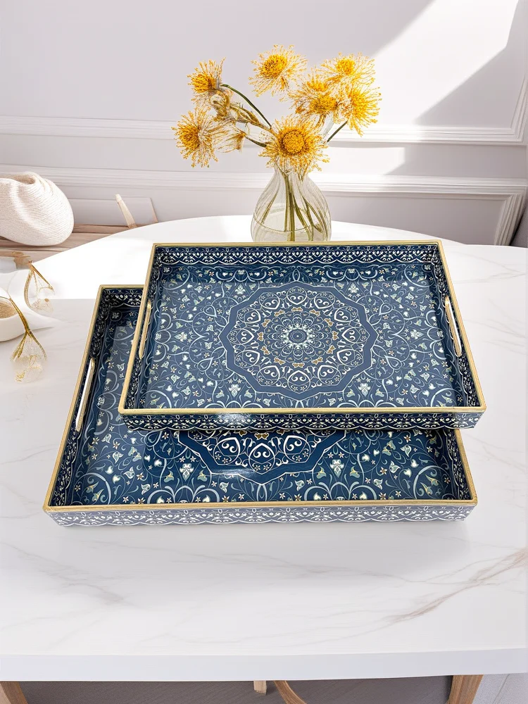 

Bohemian Decorative Green Decal PP Plastic Tray with Handles, Rectangle Shape, Multi - Use Coffee Table Storage, Living Room Hom