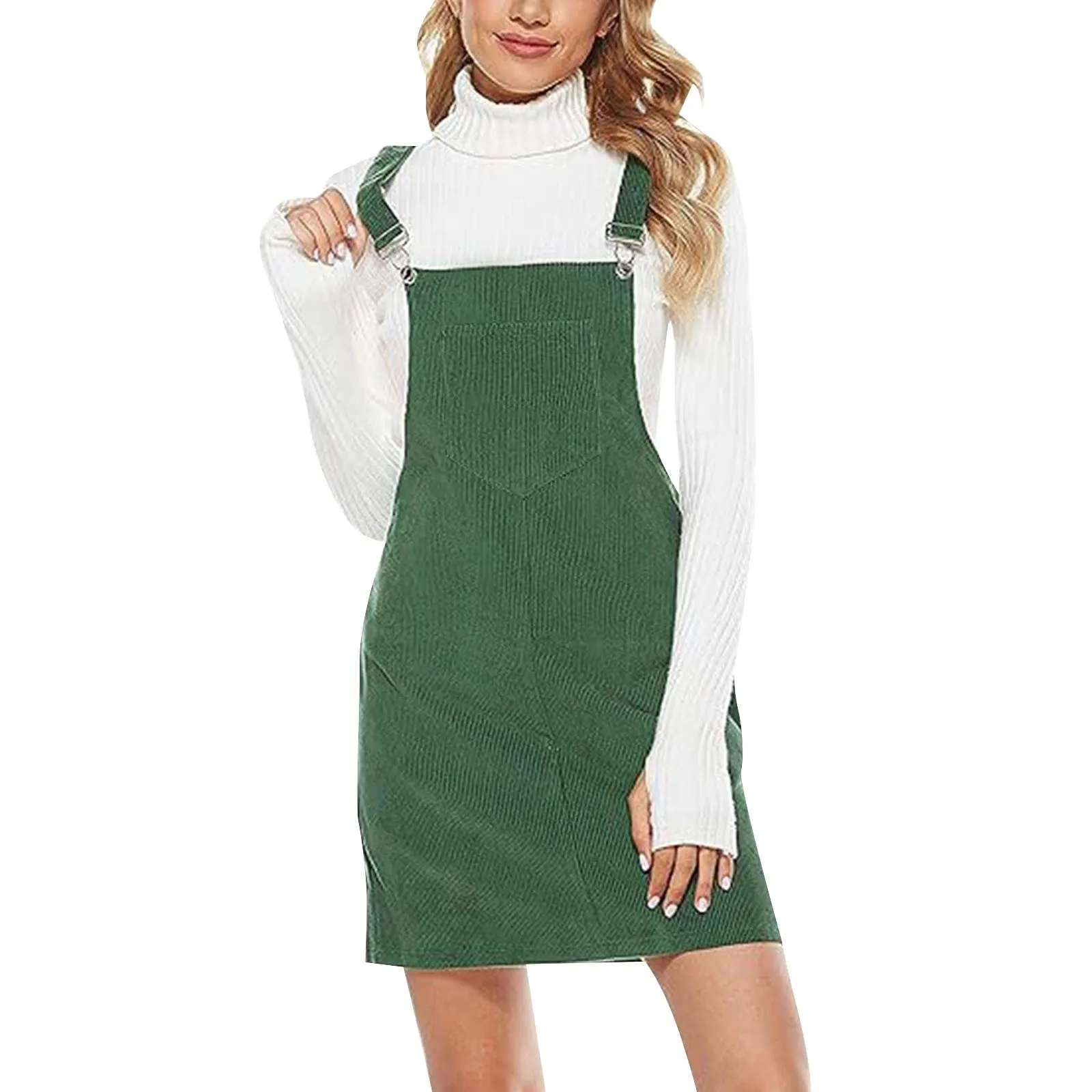 Women's Sleeveless Corduroy Bib Overall Mini Dress A Line Cute Jumper Dress &Pockets For Teenager Adjustable Shoulder