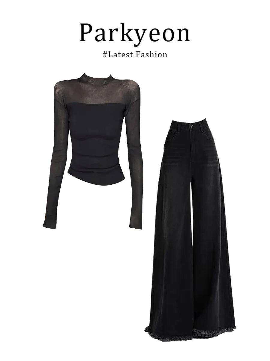 

Комплект для женщин: вязаный свитер с длинными рукавами в стиле Parkyeon Spicy Girl и облегающие прямые джинсы с эффектом прозрачности, зимний вариант.