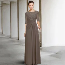 Elegant Scoop Half Sleeves Mother of the Bride Dresses with Appliques Champagne Wedding Guest Gown A-line Chiffon Evening Dress