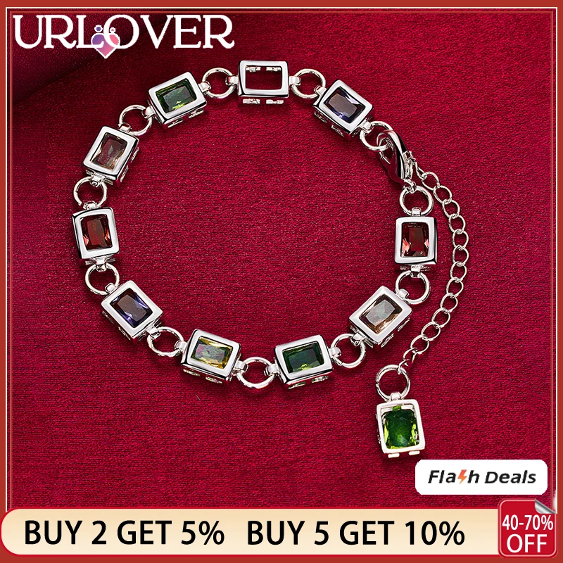 

URLOVER 925 Sterling Silver 24K Gold Bracelet For Woman Square Colored Zircon Chain Bracelets Party Birthday Wedding Jewelry