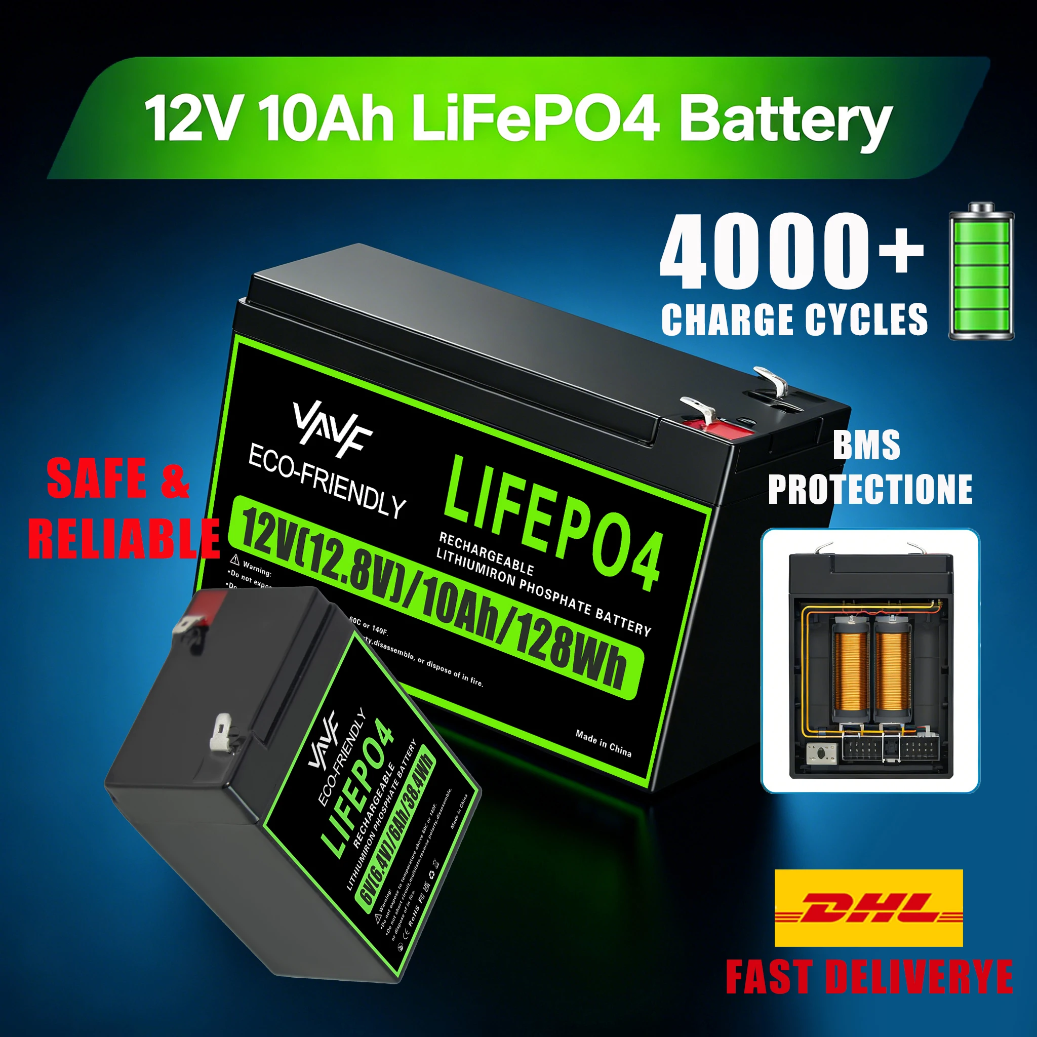 

LiFePO4 Battery 12V 10000mAh Built-in Smart BMS,4000+CyclesSuitable for Solar Panels,Camper Vans, Marine Crafts☀️Overlanding