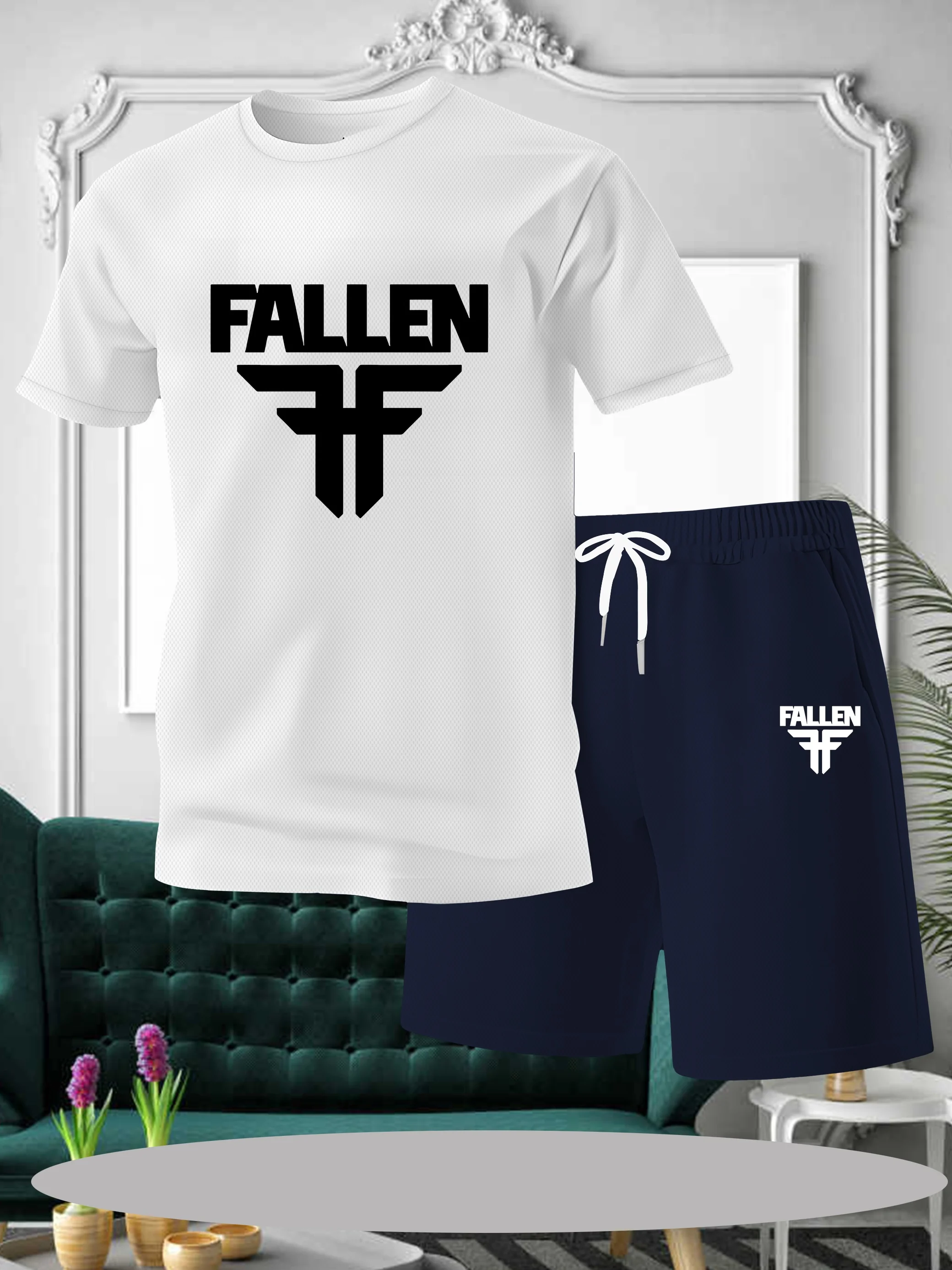 

Men's sports short sleeved set, ice silk quick drying breathable shorts, fitness 2 pieces