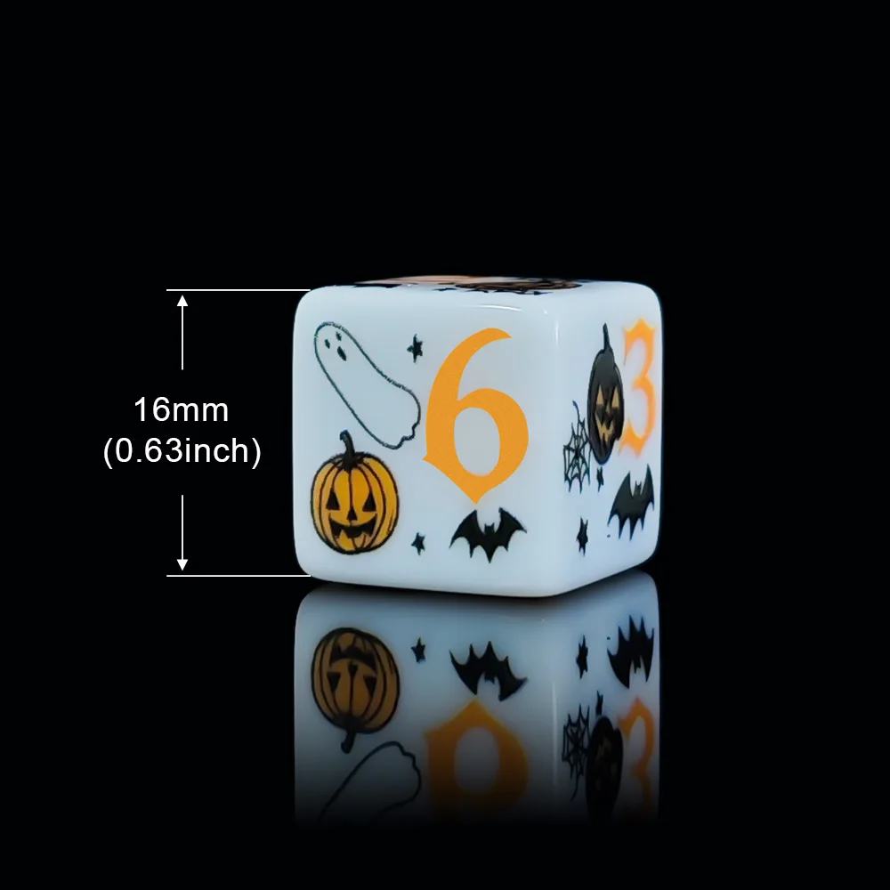 12Pcs 16MM White Acrylic Printed D6 Dice Halloween Pumpkin Ghost Bat Pattern 6-Sided Square DND Dice Tabletop RPG Party Game view 4