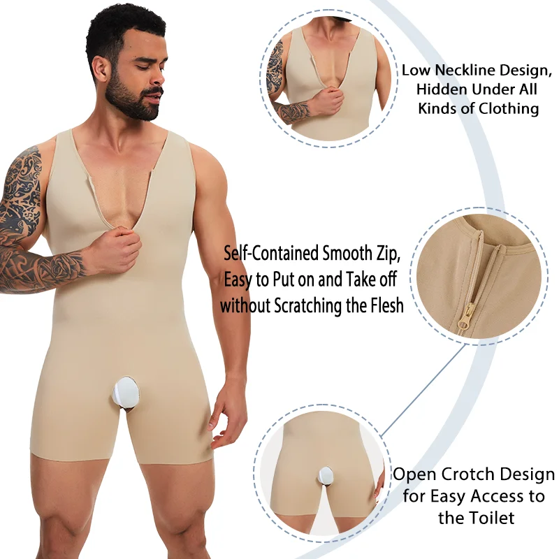 Men's Full Body Shaper Sleeveless Shapewear Low Neckline Zipper Bodysuit Open Crotch Underwear Tummy Control Fajas Abs Abdomen