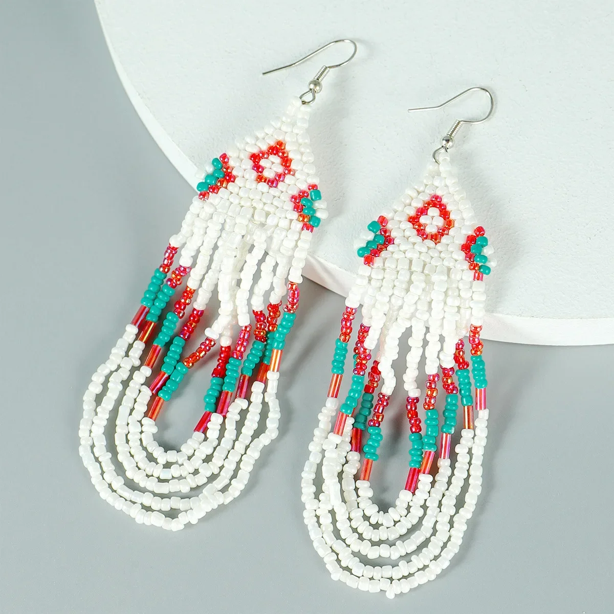 

Beaded earrings Tassel Diamond shape Originality Fashion Hand weaving Bohemia Simplicity Alloy Rice bead earrings