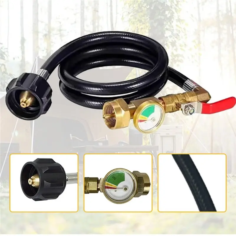 A74E-Brass Connector With Refill Adapter For Propane Tank Including Glow-In-The-Dark Gauge Hose