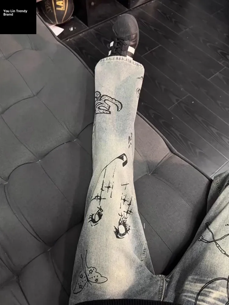 

Retro Blue Cartoon fiti Jeans Men's Winter Trendy High Street Slim Version Knife Flared Pants Youth Casual Wear