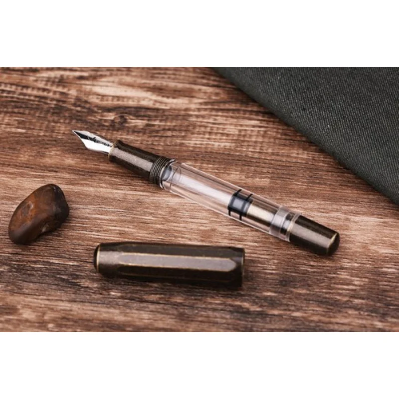 Pluma estilográfica de pistón A+ Majohn T1, pluma de tinta de punta F acrílica transparente de latón Vintage