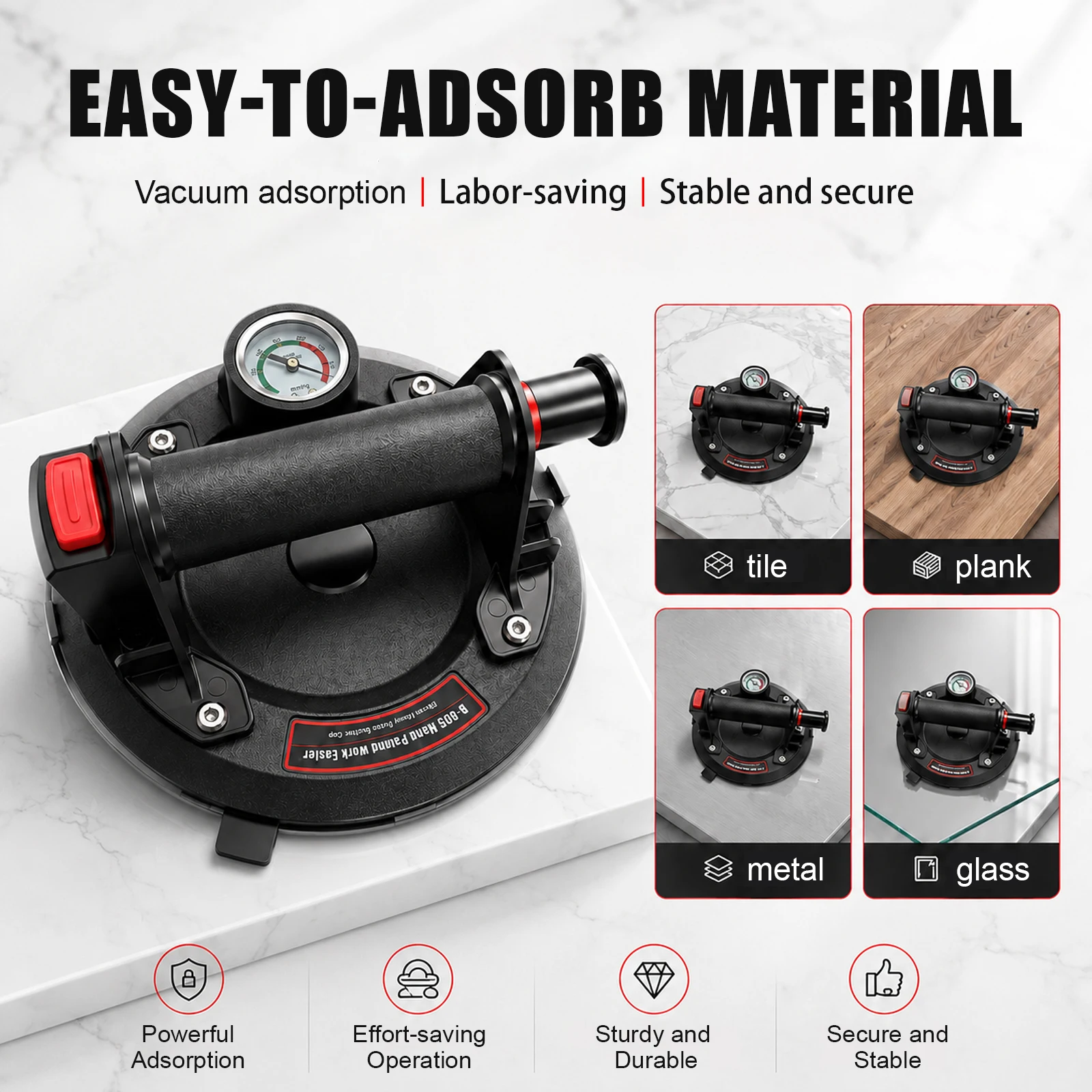 Industrial Grade Air Pump Vacuum Suction Cup 21cm Enlarged Base Pressure Gauge One Touch Deflation for Tile Glass Metal Plank