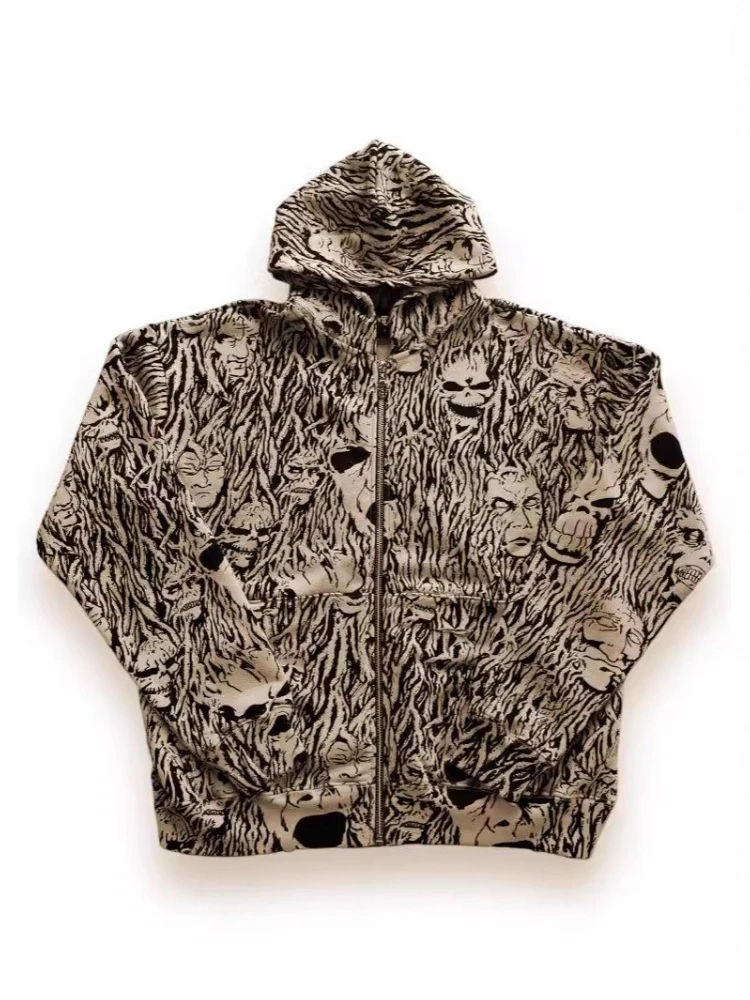 Męska bluza z kapturem w stylu amerykańskim dark vintage, streetwear, zapinana na zamek, Harajuku, luźny krój, casualowa, na jesień i zimę.