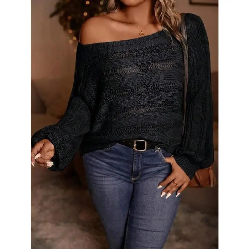 

Pure Color Hollow out Boat Ne Casual Sweater Biop Sve Ci Walk Inner Wear Collar Deformation Resistant Knitted S...