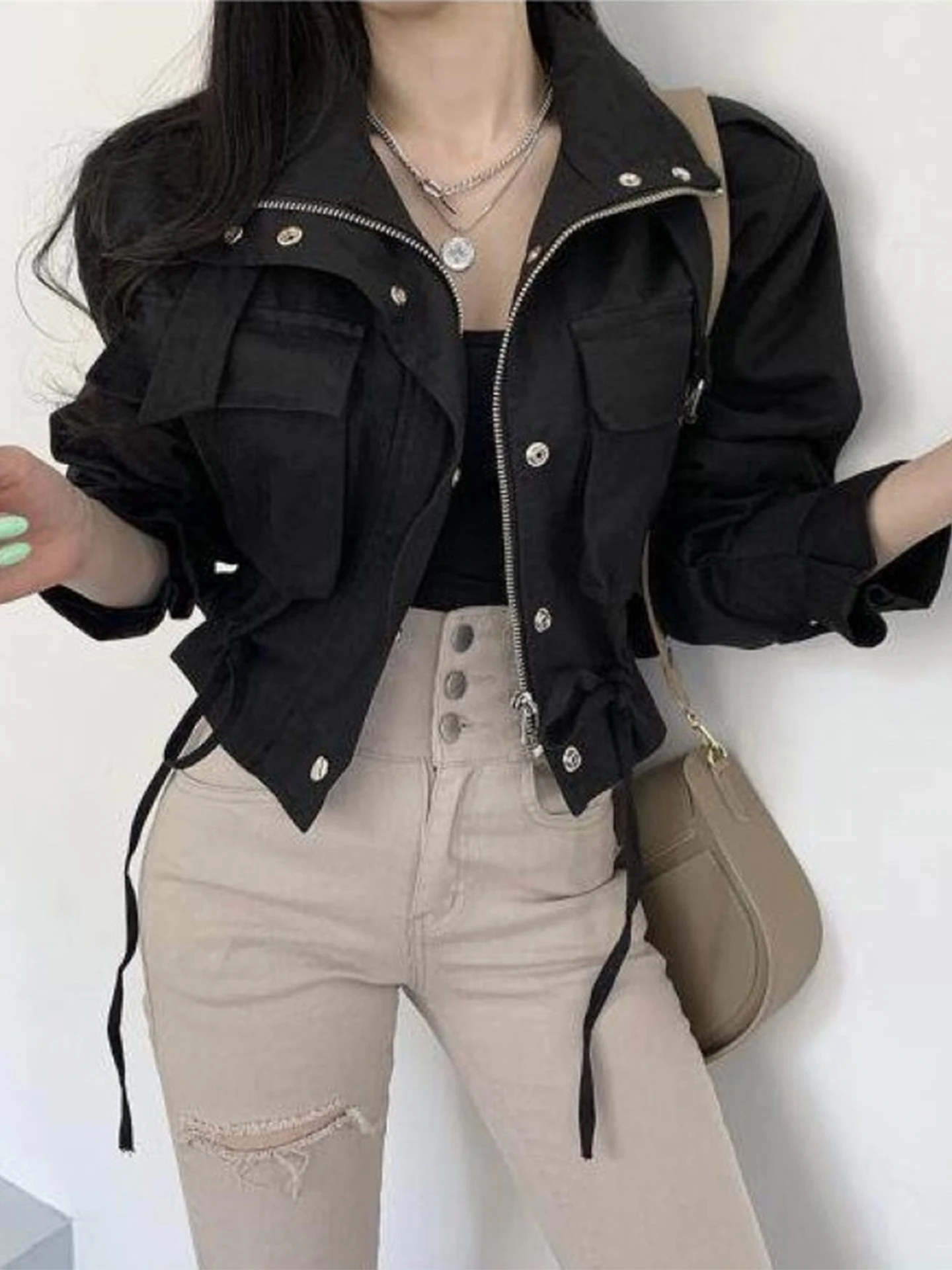 Retro Military Green Workwear Jacket Short Loose Women's Style Korean Version Autumn Zipper Open Cardigan Windbreaker