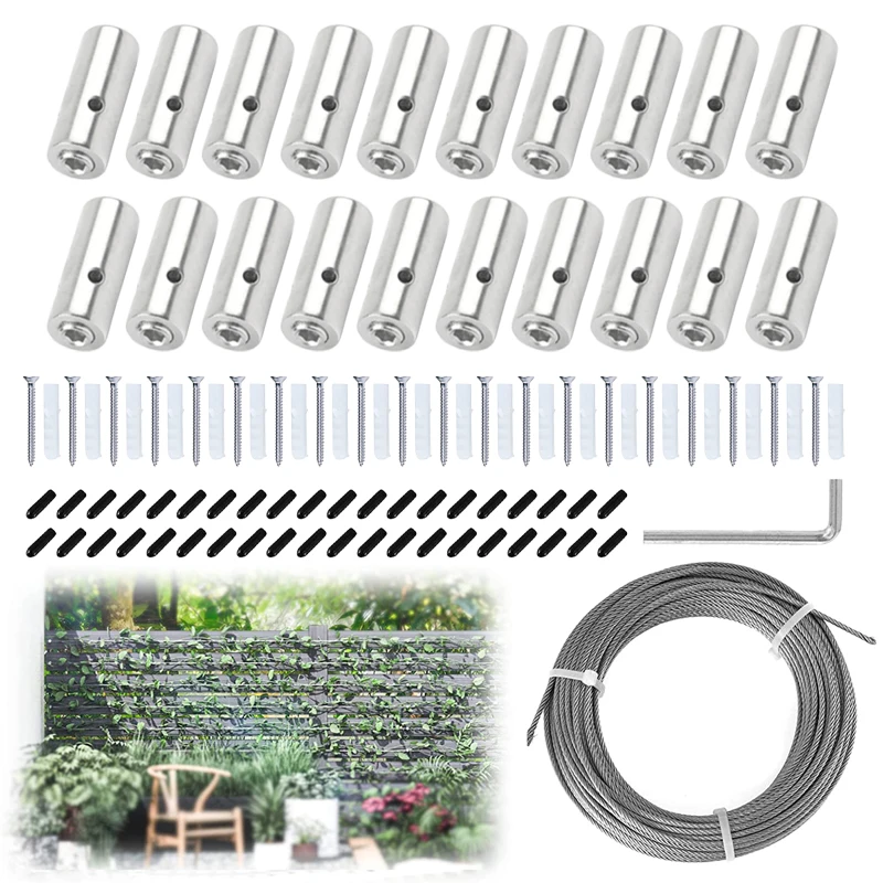 SGYM 20 pcs Green Wall Stainless Steel Hubs Wire Cable Trellis Kit with 98 Feet 3mm Wire Rope for Climbing Plants