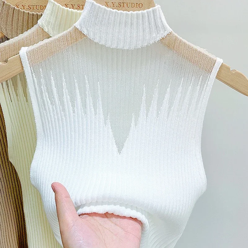 Women's Sleeveless Mesh Knitted Top, Tank Top, Half Neck Vest, Female Chic Cut Out Streetwear, Solid Skinny, White Tube Top, Y2K