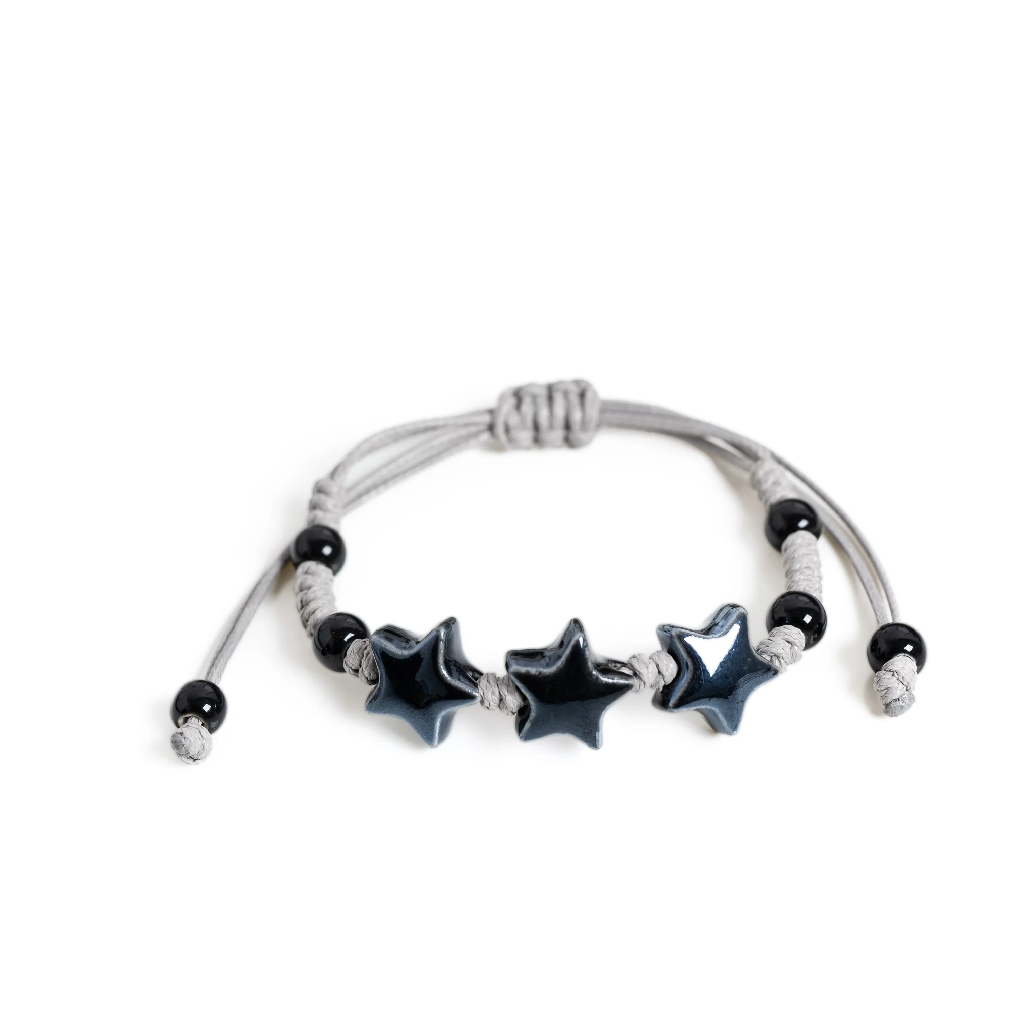Schwarzes Obsidian-Stern-Keramik-Armband, handgefertigt, verstellbare Wachsschnur, minimalistischer Schmuck, cooler Stil für den Alltag, Geschenk S03-251