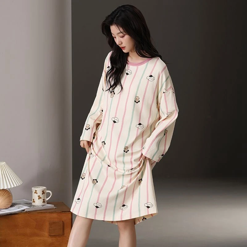 2025 Spring Long Sleeve Casual Striped 100% Cotton Nightgowns for Women Korean Cute Sleepwear Night Dress Nightdress Home Nighty