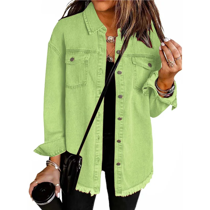 Women's Washed Denim Shirt Jacket Personalized Street Style Brushed Edge Hem Autumn Winter Fashion for Europe America