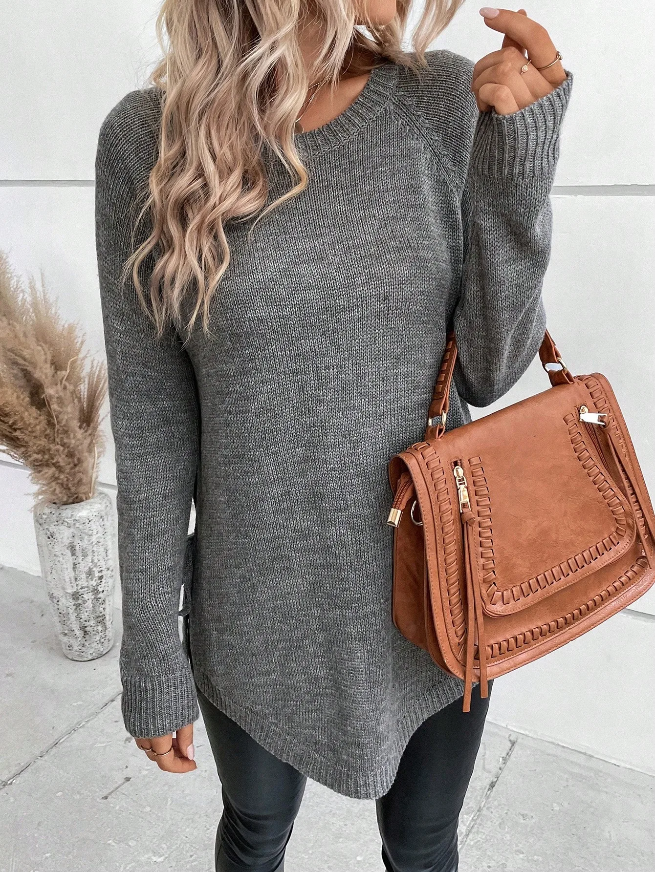 Suéter lateral com nó de manga raglan pulôver de malha outono inverno roupa