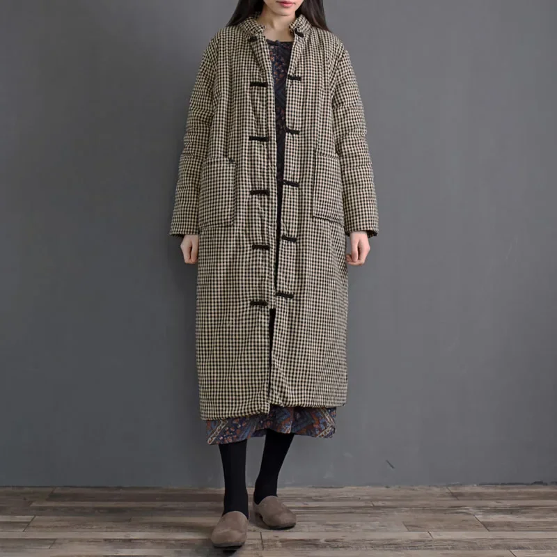 Литературное хлопково-льняное утолщенное стеганое длинное пальто в клетку, женская зимняя китайская однорядная свободная куртка с пряжкой и карманами